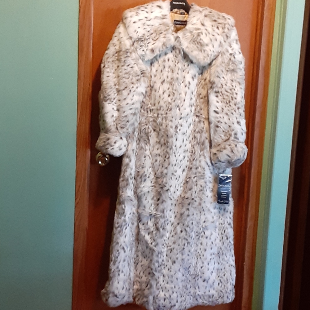 Pamela McCoy's faox snow leopard full length coat